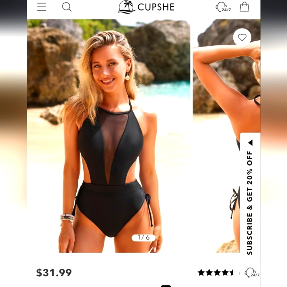CUPSHE Black One Piece Swimsuit With Cutout Detail And Sheer Coverage Deep V